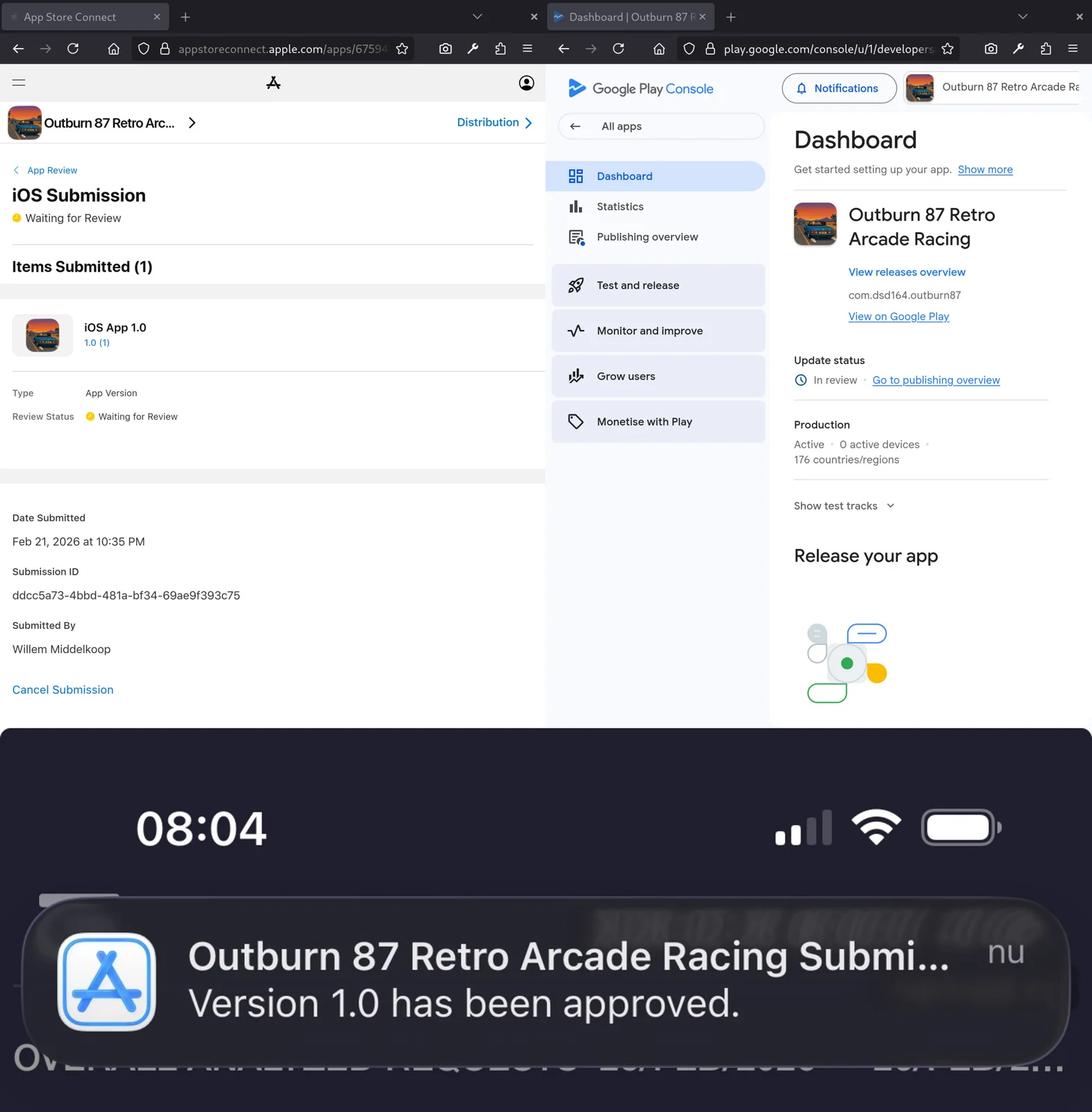De nacht van 21 februari: App Store Connect en de Play Console naast elkaar, en de goedkeuring vijf dagen later om 08:04