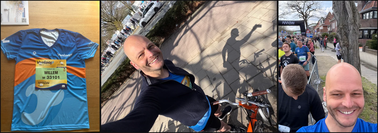 Venloop-ochtend: het shirt met startnummer 33101 op tafel, een schaduwselfie onderweg, en de menigte voor de start