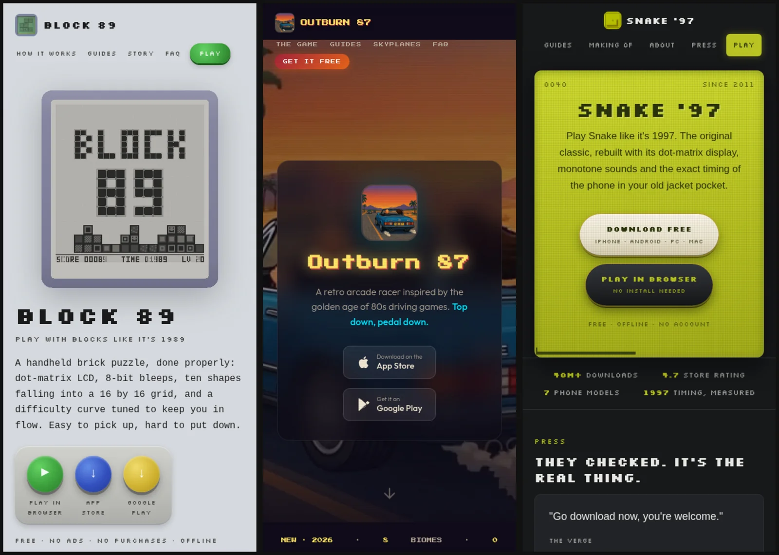 De drie gamesites, allemaal gebouwd met dezelfde publisher: block89.dsd164.com, outburn87.com en snake97.com