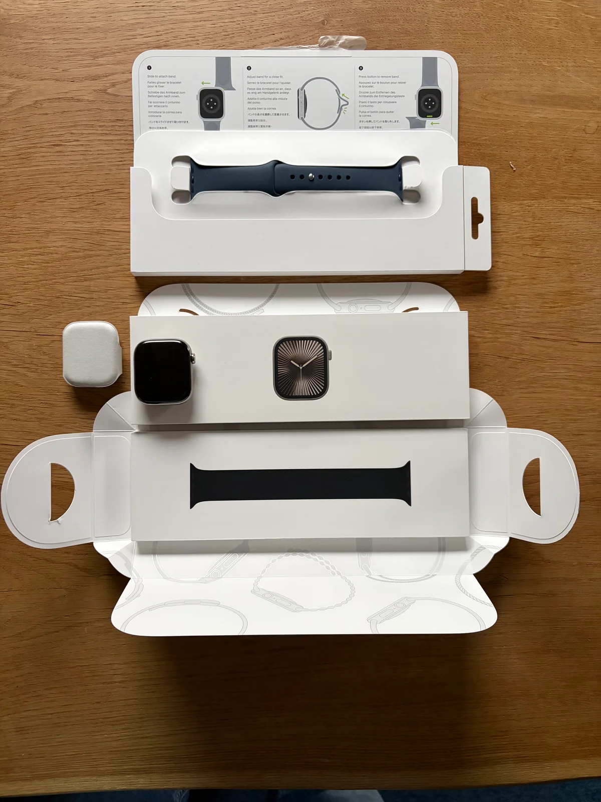 The Apple Watch back in its box, May 2026, just before it went