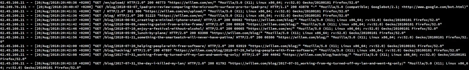 Part of a web server log file, each line corresponds with a page request - do you see the bot?