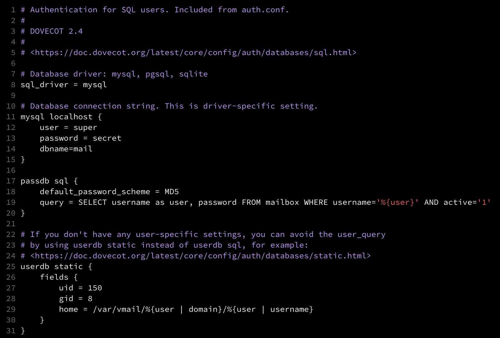 Dovecot 2.4 SQL backend setup (auth-sql.conf.ext) - now much more compact than its predecessor. There is now only one SQL query as the userdb-ection now uses the static backend