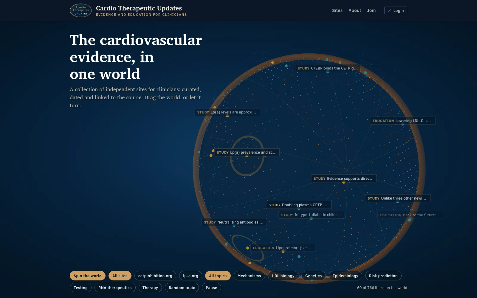 Update: dezelfde ThreeJS-rendering laat nu een wereld van cardiovasculair bewijs draaien op cardiotherapeuticupdates.org
