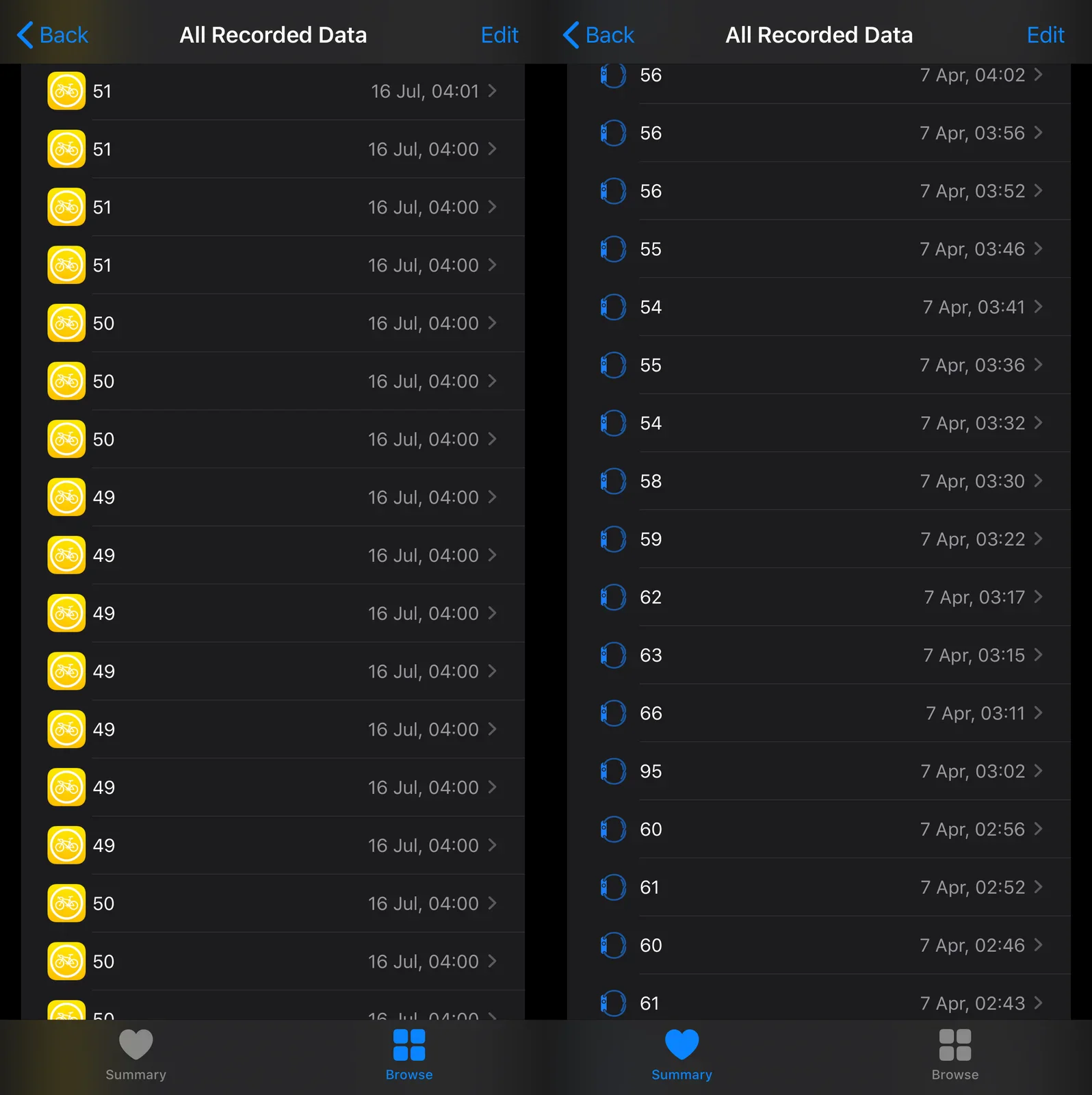 Wahoo TIKR (left) captures more data per minute than Apple Watch (right) per hour!