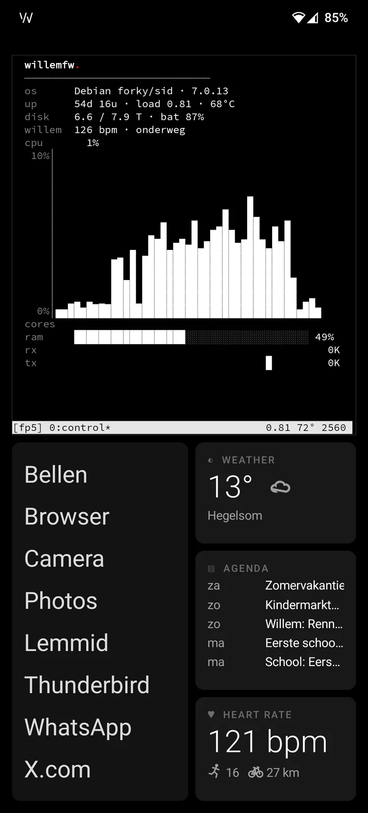23 August after the run: the homelab's stats and the heart rate curve on the home screen, 121 bpm