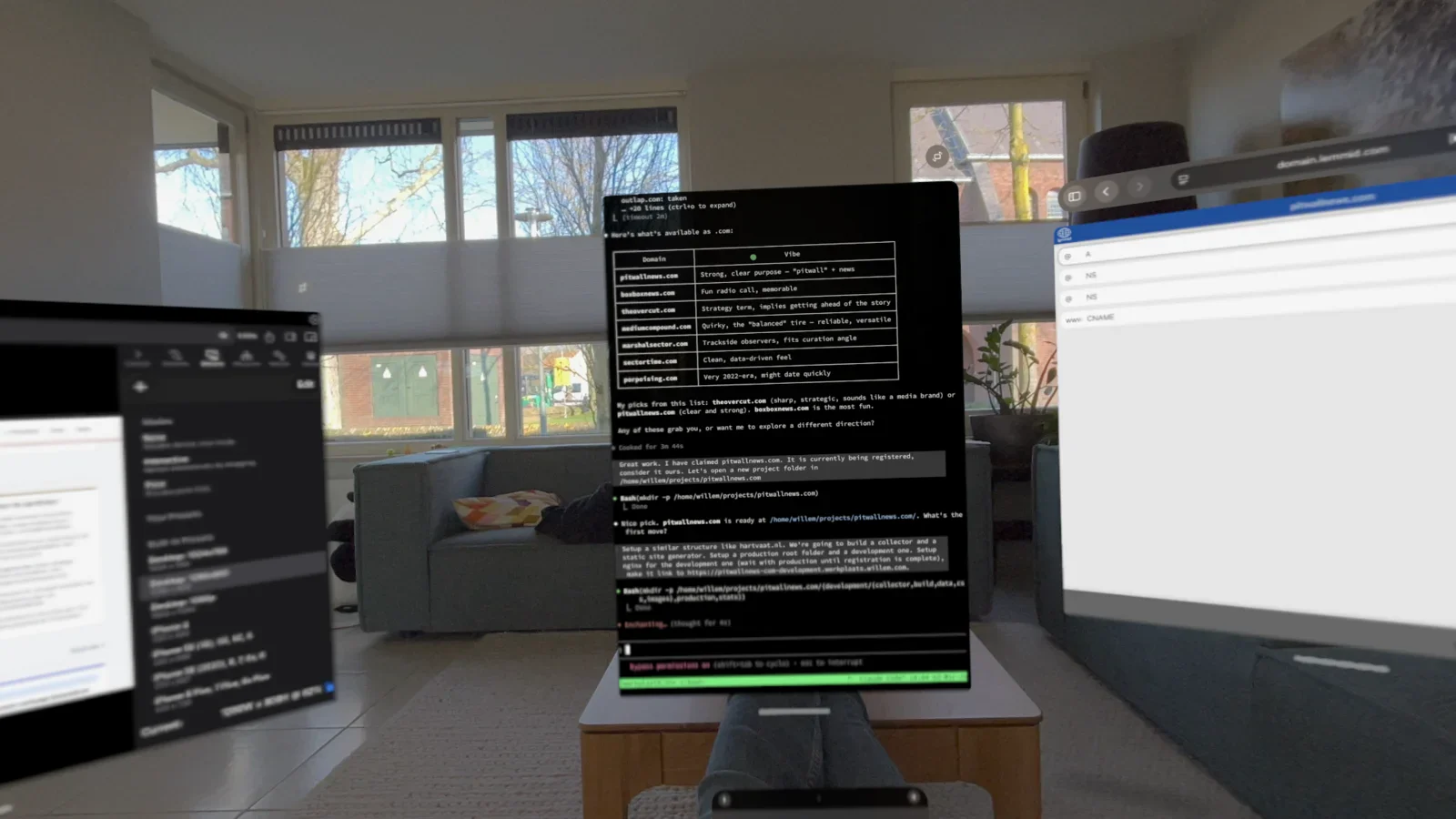 The werkplaats seen through Apple Vision Pro: floating terminals and browser windows in the living room