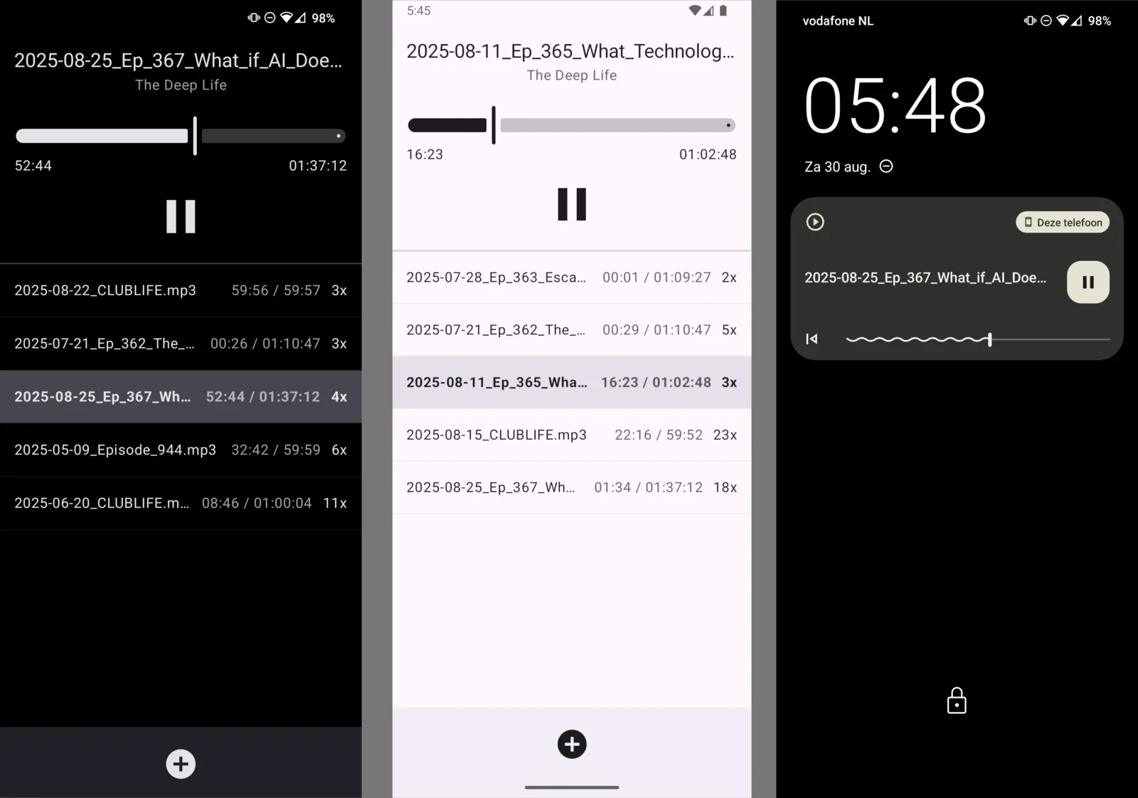Auscultare: the podcast and audiobook player that tracks progress and play count, featuring a minimal light and dark design and perfect integration with Android (like lock screen play controls, and support for Bluetooth headsets and audio casting)