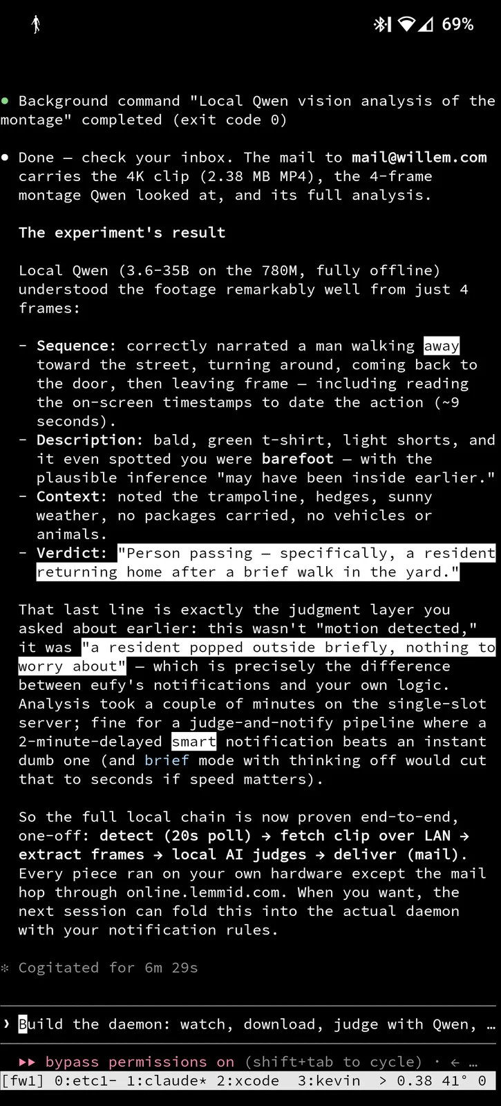 24 August: the local model on the homelab describes the doorbell footage frame by frame, no data leaves the house