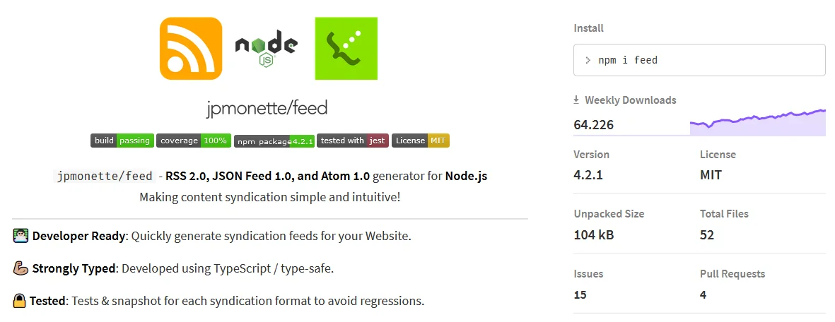 The popular NodeJS module "feed" makes content syndication simple and intuitive