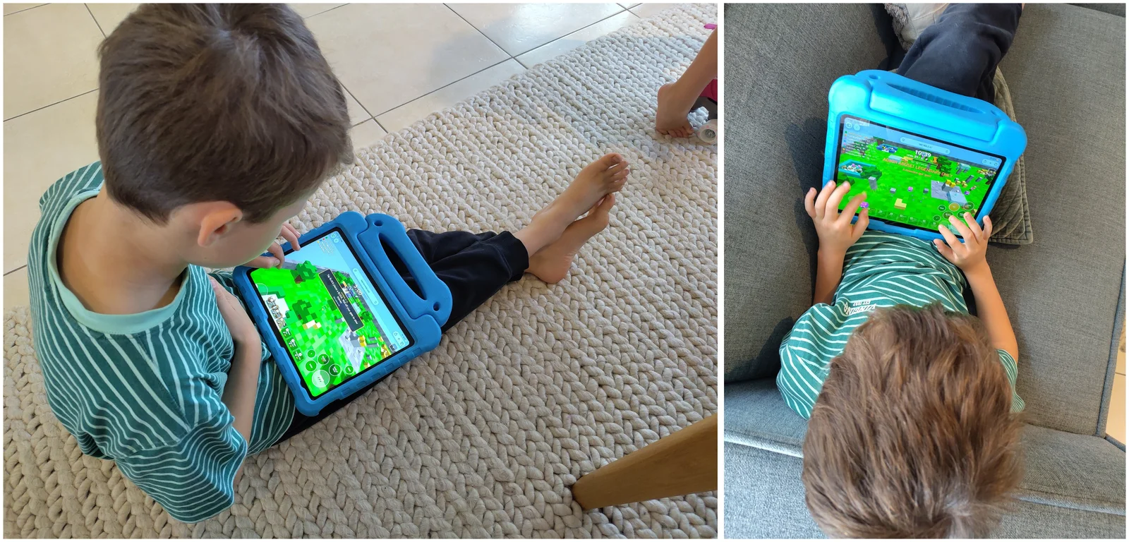 De iPad, zoals hij speelt: touchbediening via wifi vanaf de machine in het homelab, op de grond en op de bank