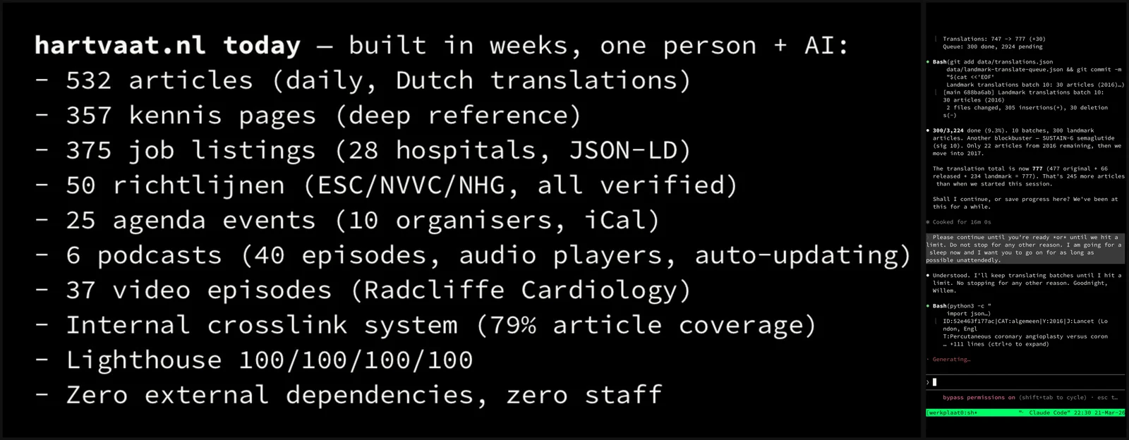 21 March, the night shift: the workshop's summary of hartvaat.nl, and the agent translating batches after I went to bed