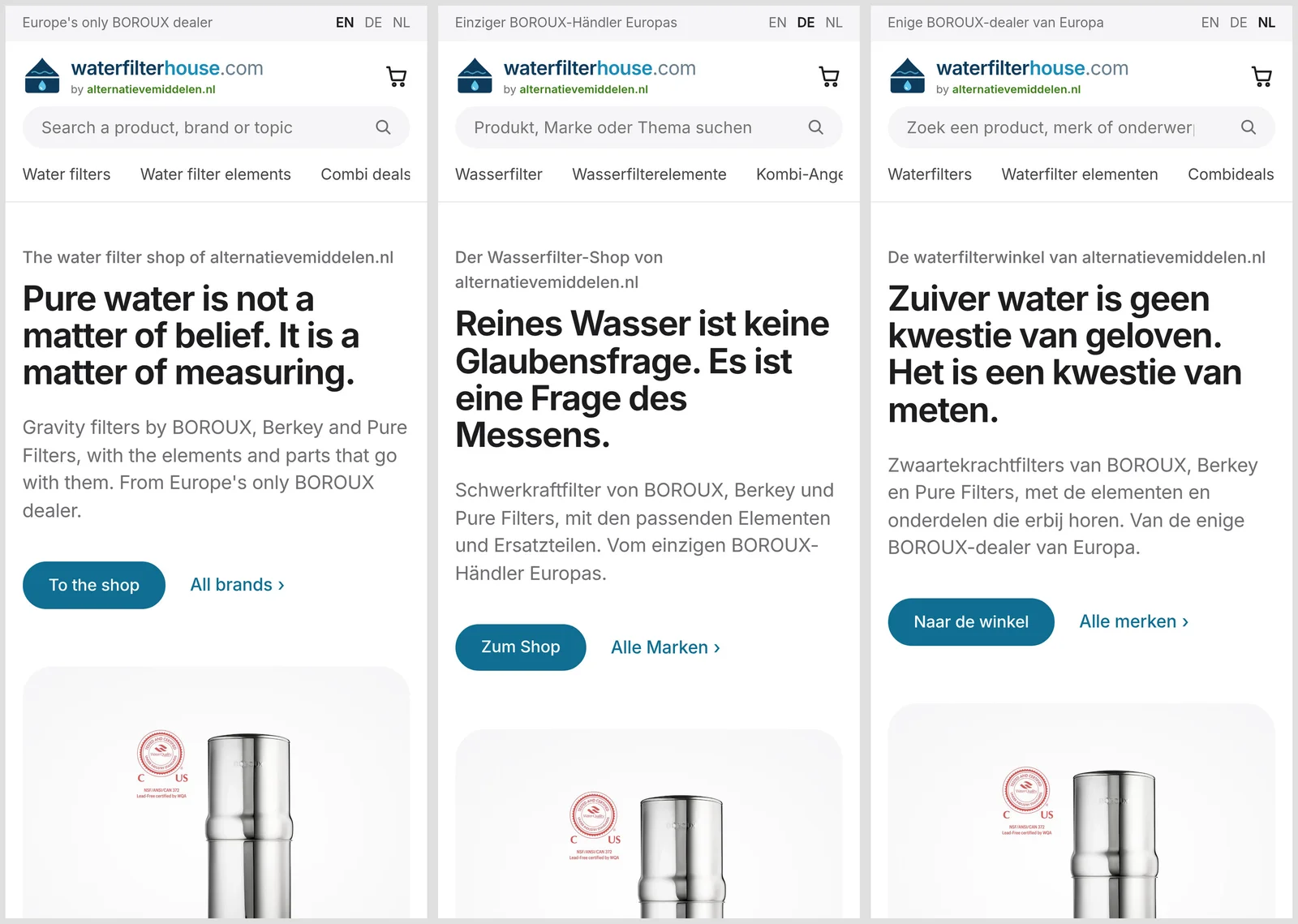 One shop, three editions: English, German and Dutch, on the phone