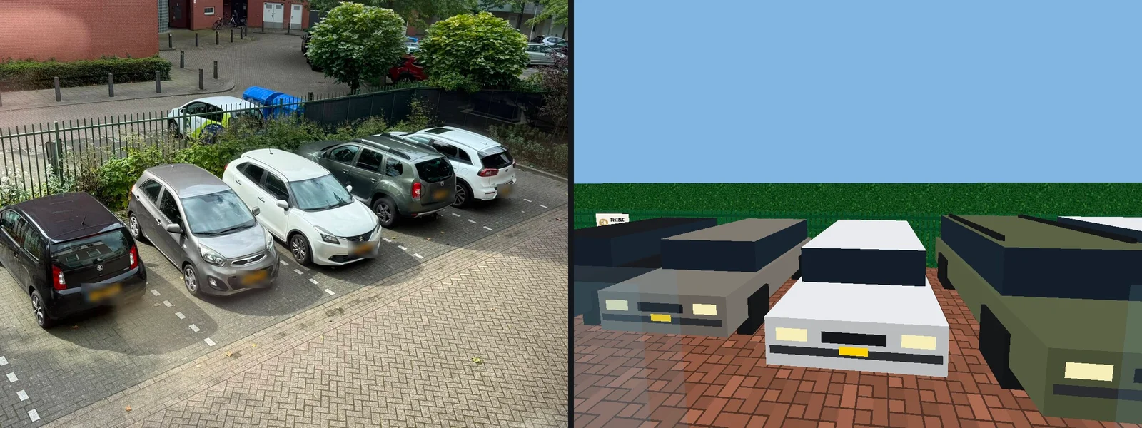 The car park: the team's own cars, number plates blurred, and the same row in the game, by model and colour