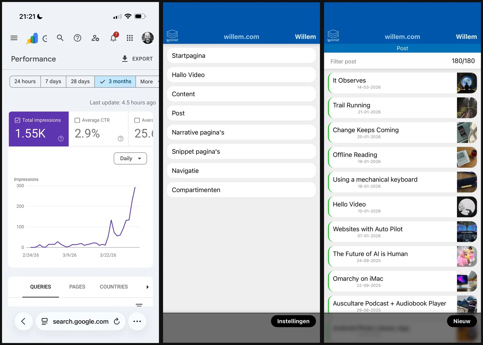 The job: Search Console on 2 April with impressions climbing to three hundred a day, the new narrative and snippet page types in the Manager, and the 180 cross-linked posts
