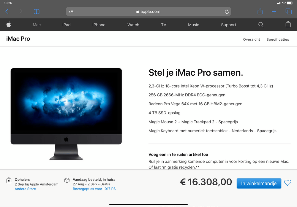 De ultieme iMac Pro, 18 cores, 256GB RAM, 4TB SSD... € 16.308!