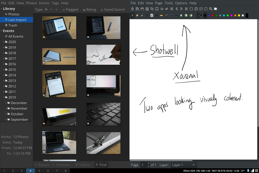 Shotwell (links) en Xournal (rechts) - twee heel verschillende apps die naast elkaar draaien, visueel coherent ogend