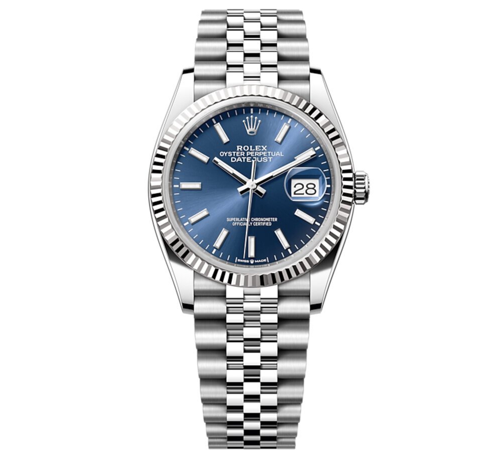 De DateJust 36 van vandaag (referentiemodel 126234) met gecanneleerde bezel en helderblauwe wijzerplaat op een jubilee-band