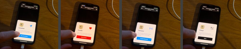 Screenshots van het onboarding-proces van de app: toestemming vragen en nieuwe gebruikers begeleiden