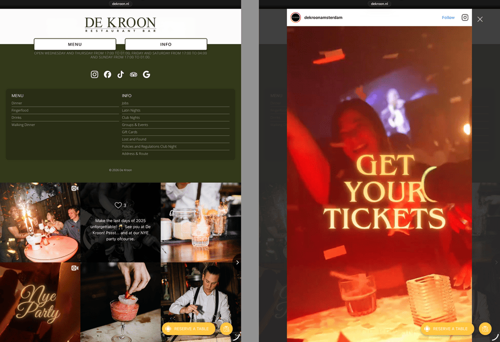 Herpublicatie van Instagram-posts om ticketverkoop te stimuleren zonder de eigen website te verlaten op dekroon.nl